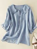 Phoebe Women's Cotton Linen Blouse – Frill Peter Pan Collar Relaxed Fit Shirt