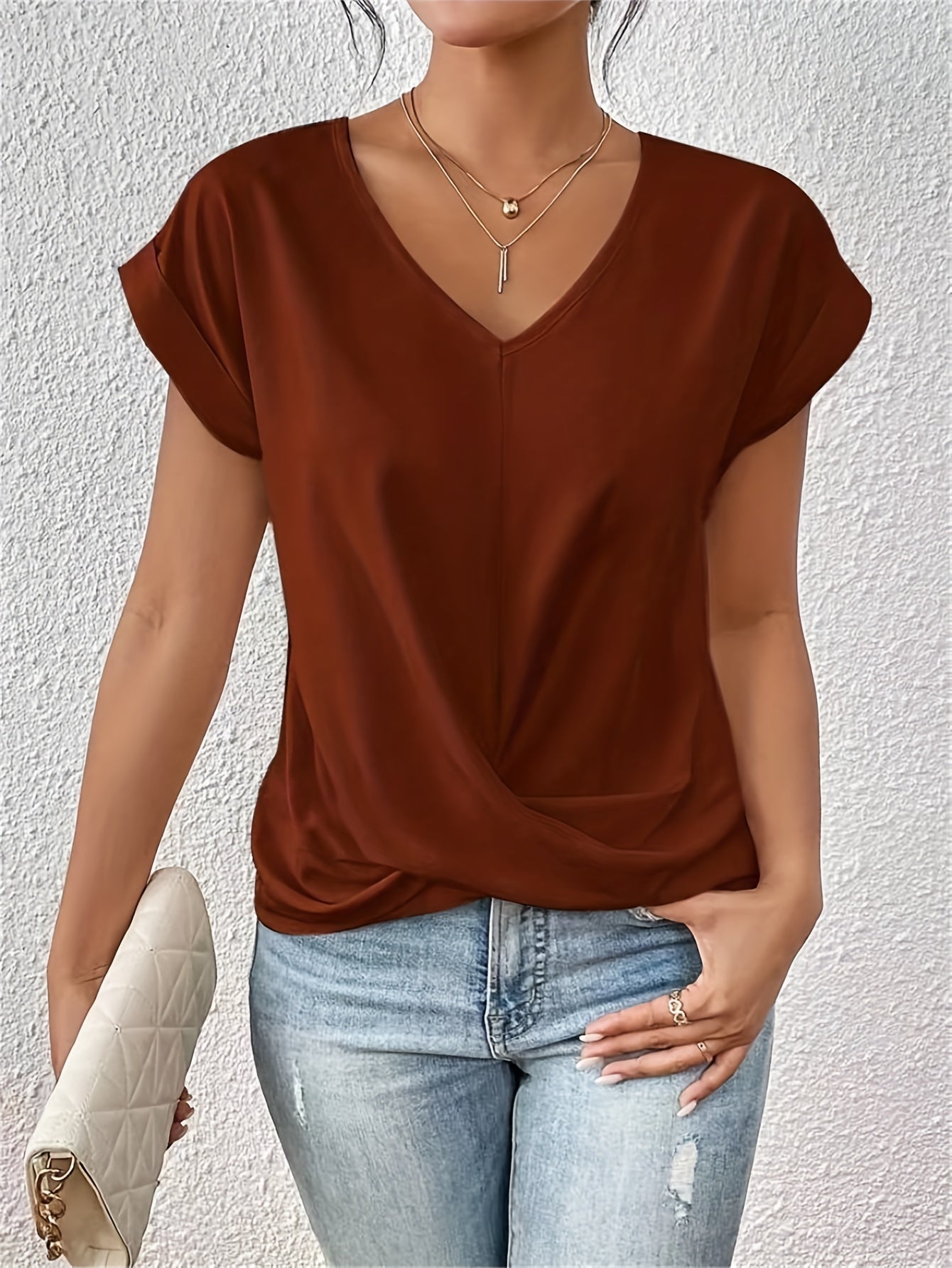 Harriet Women's V-Neck Top – Elegant Knotted Detail & Flattering Draped Fit