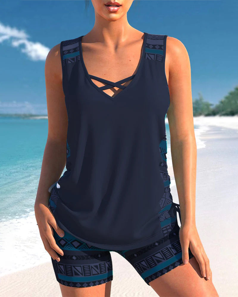 Lanie Women's Tankini Set – Geometric Print Tummy Coverage Swimwear with Shorts