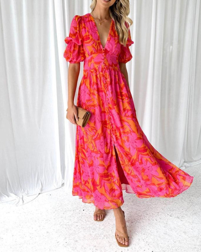 Vivienne Women's V Neck Dress – Puff Sleeve Elegant Midi Dress in Rose Pink