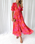 Vivienne Women's V Neck Dress – Puff Sleeve Elegant Midi Dress in Rose Pink