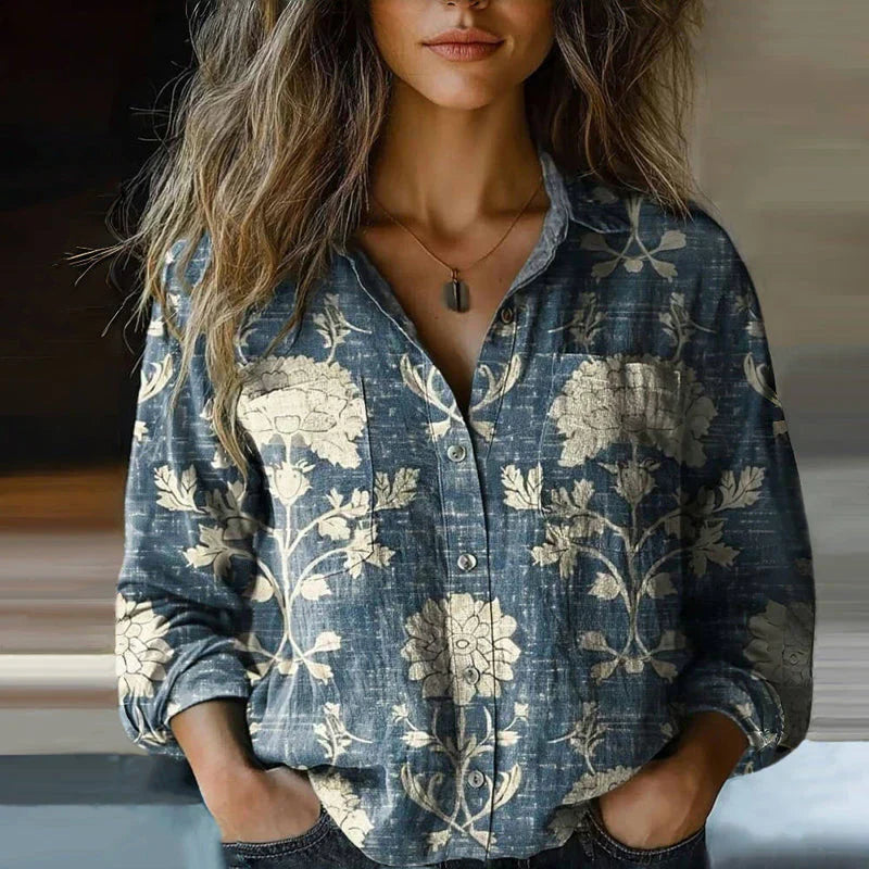 Elise Women's Vintage Blouse – Ethnic Print Button Up Long Sleeve Shirt