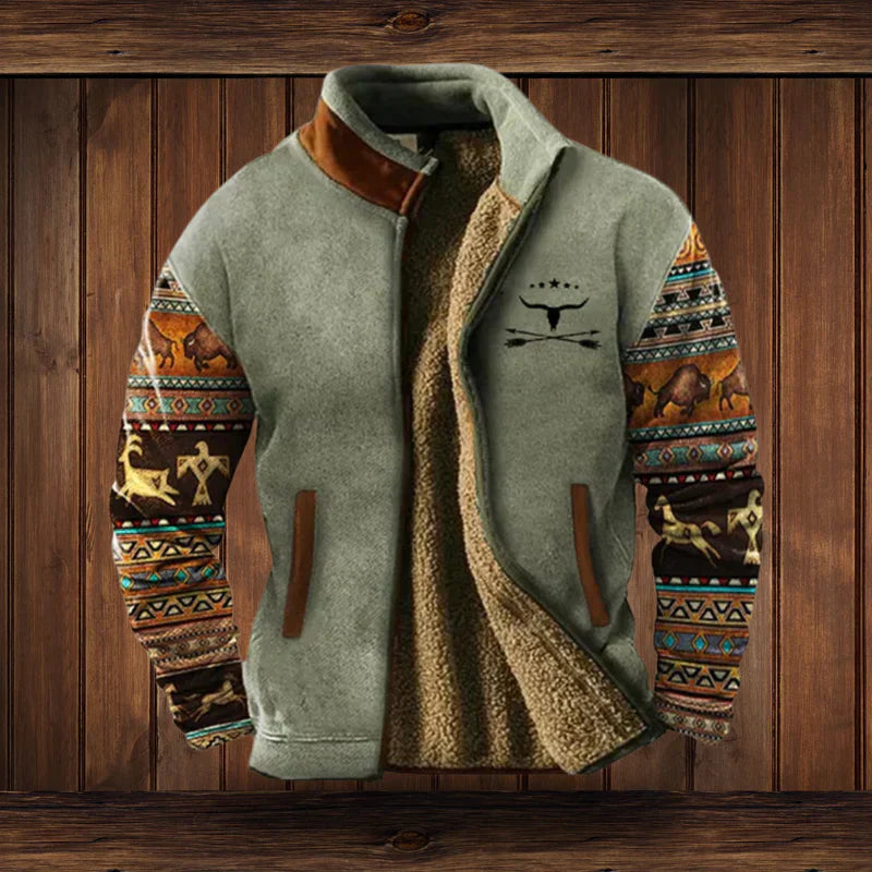 Wyatt Men's Fleece Jacket – Western Pattern Warm Zip Up Winter Coat