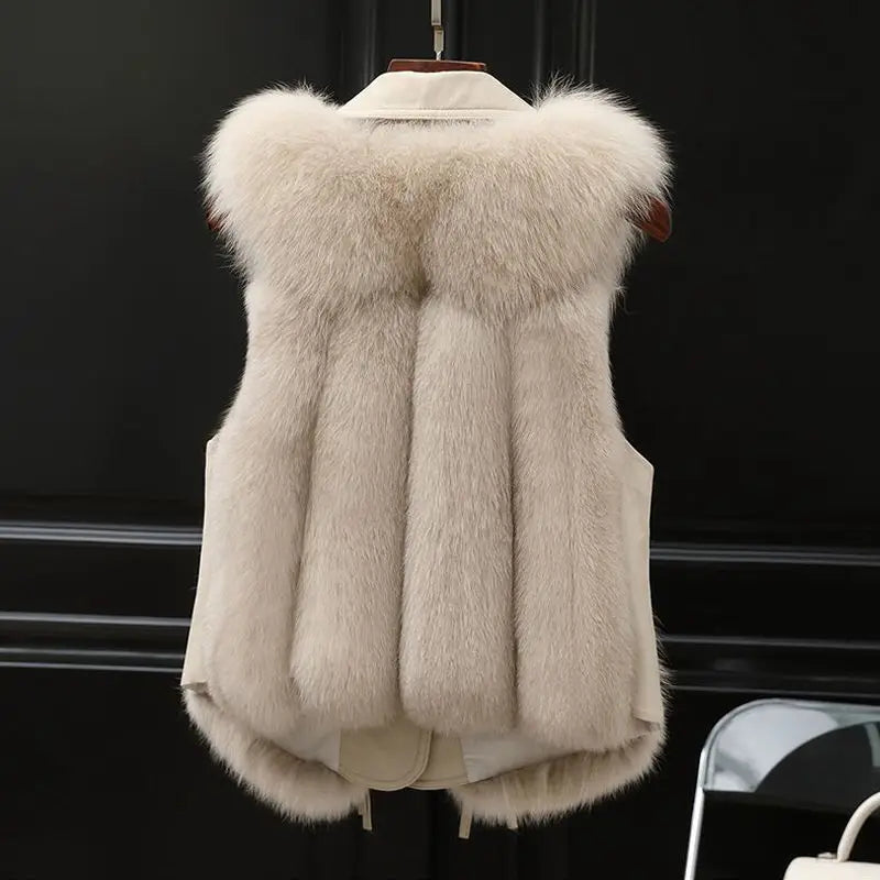 Hazel Women's Faux Fur Gilet – Oversized Lapel Tie Waist Smart Casual Vest