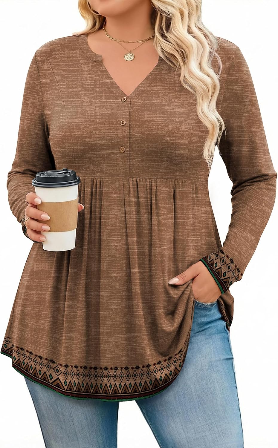 Estelle Women's Henley Tunic Top – Pleated V-Neck Long Sleeve Plus Size Blouse