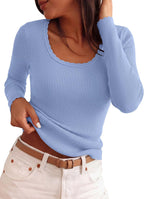 Helena Women's Scalloped Jumper – Fitted Scoop Neck Long Sleeve Lightweight Knit Top