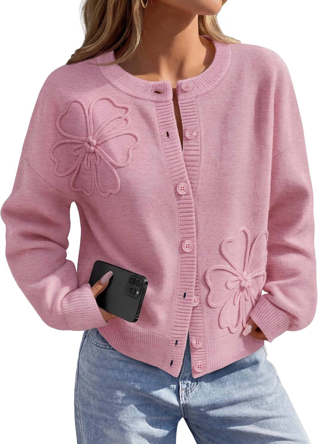 Florence Women's Floral Cardigan – 3D Flower Knit Button-Up with Lantern Sleeves