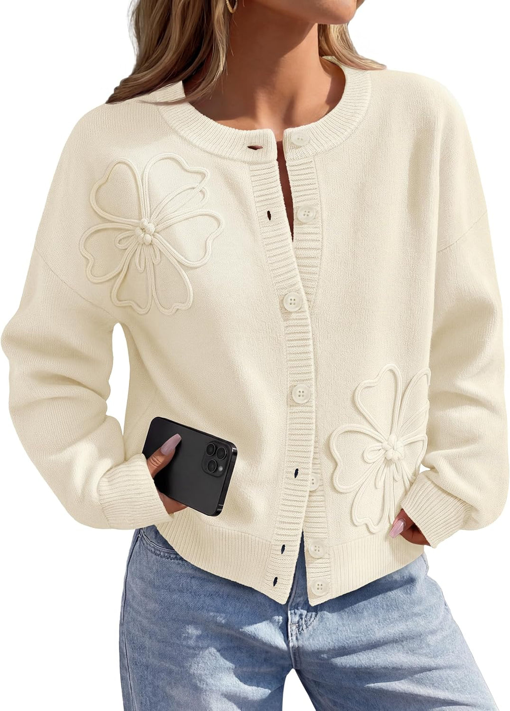 Florence Women's Floral Cardigan – 3D Flower Knit Button-Up with Lantern Sleeves