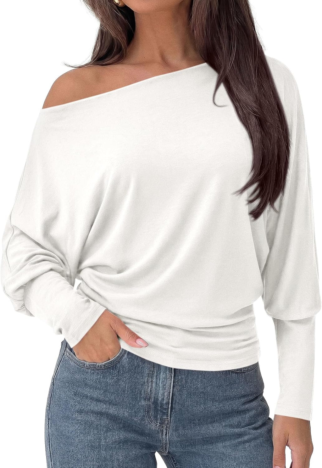 Lucinda Women's Off-Shoulder Tunic Top – Ribbed Batwing Long Sleeve Asymmetric Blouse