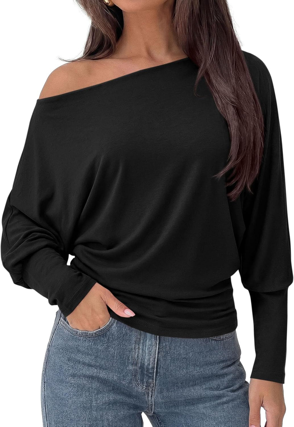 Lucinda Women's Off-Shoulder Tunic Top – Ribbed Batwing Long Sleeve Asymmetric Blouse