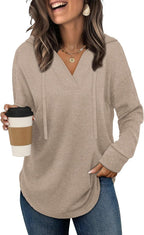 Linnea Women's V-Neck Hoodie – Long Sleeve Relaxed High-Low Pullover Top