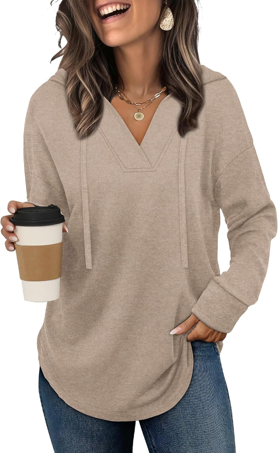 Linnea Women's V-Neck Hoodie – Long Sleeve Relaxed High-Low Pullover Top