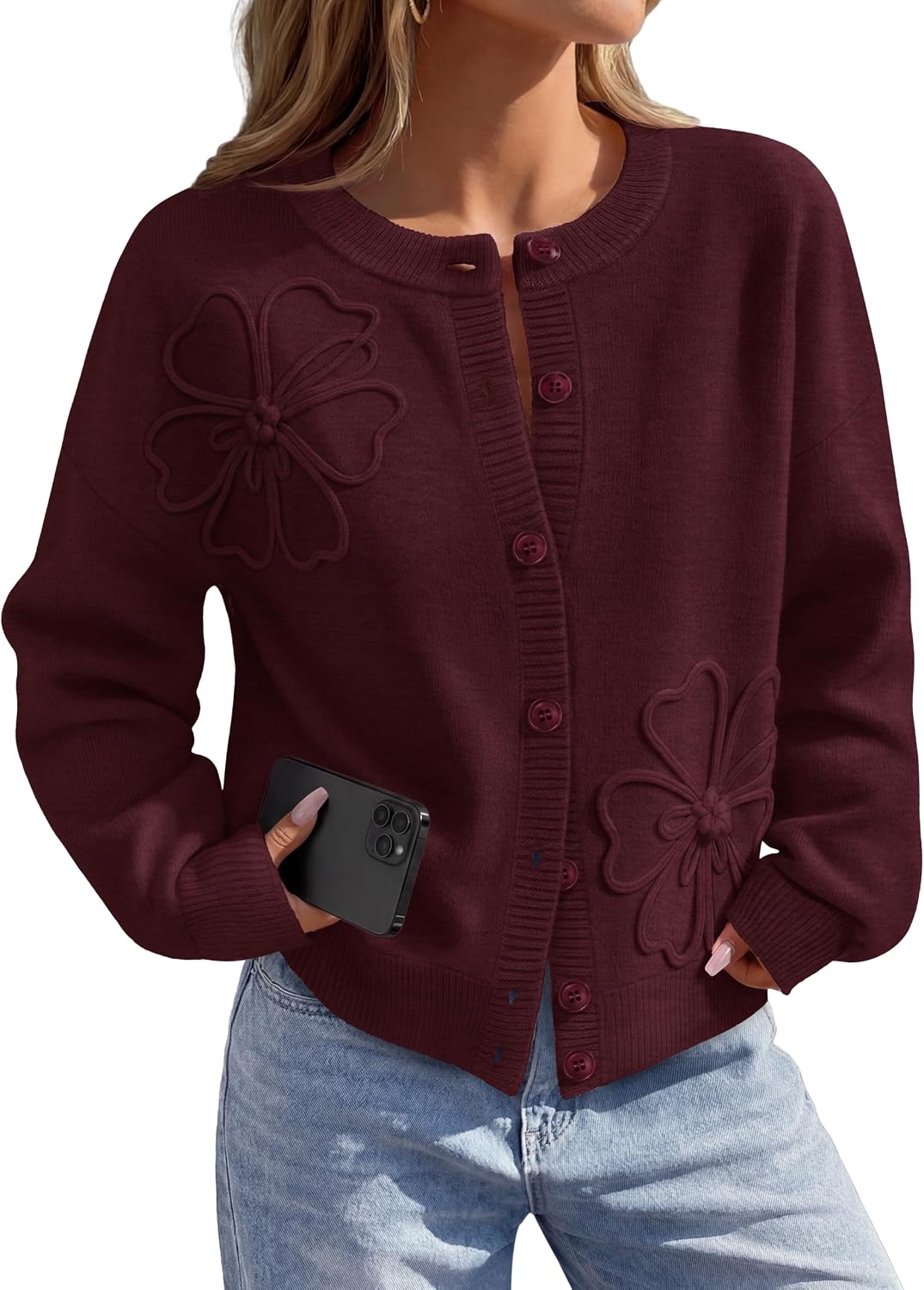 Florence Women's Floral Cardigan – 3D Flower Knit Button-Up with Lantern Sleeves