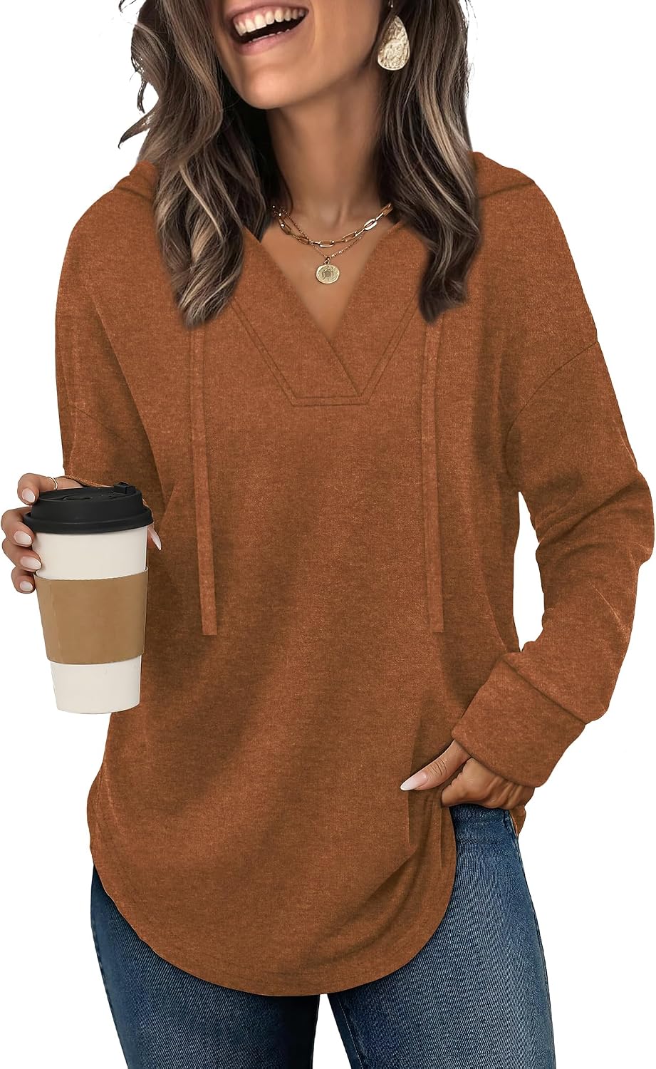 Linnea Women's V-Neck Hoodie – Long Sleeve Relaxed High-Low Pullover Top
