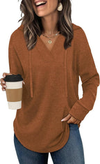 Linnea Women's V-Neck Hoodie – Long Sleeve Relaxed High-Low Pullover Top