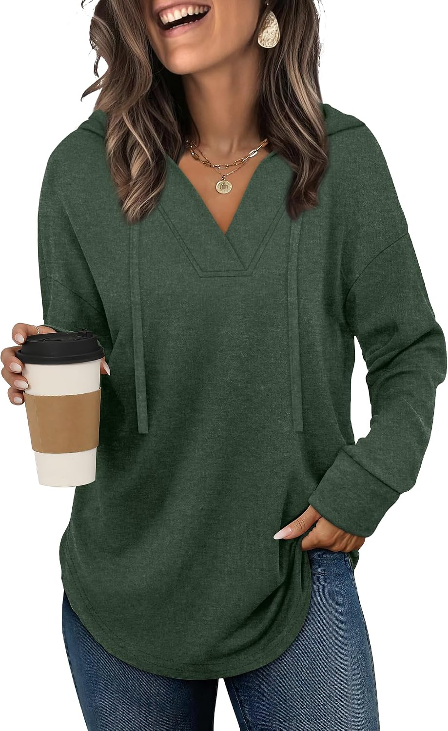 Linnea Women's V-Neck Hoodie – Long Sleeve Relaxed High-Low Pullover Top