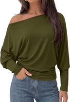 Lucinda Women's Off-Shoulder Tunic Top – Ribbed Batwing Long Sleeve Asymmetric Blouse