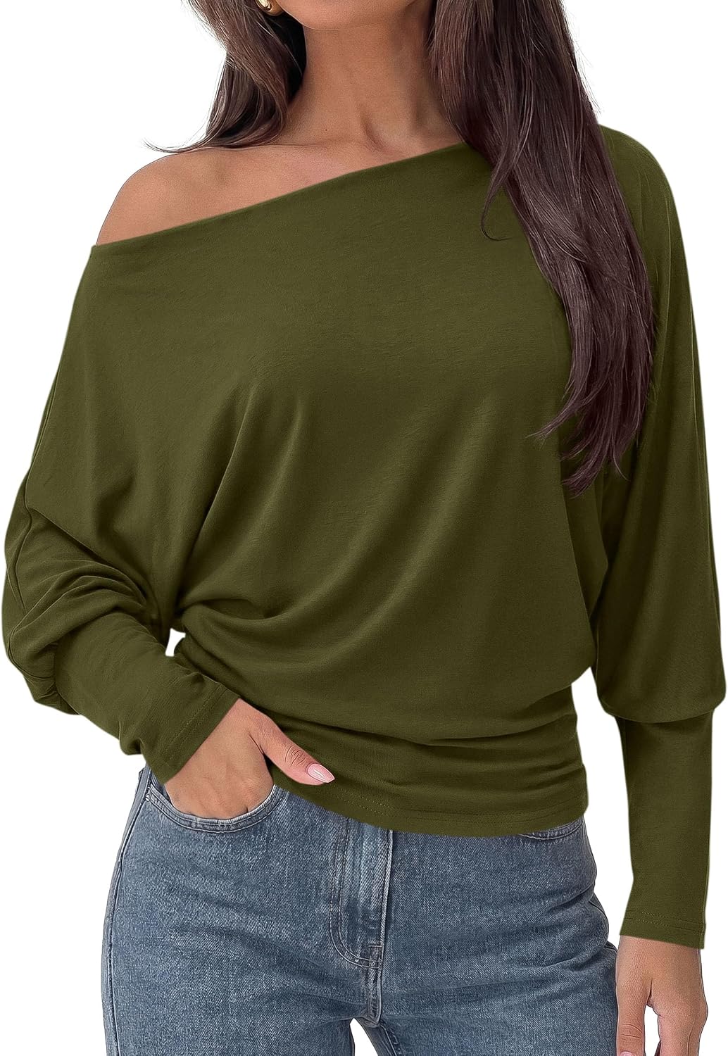 Lucinda Women's Off-Shoulder Tunic Top – Ribbed Batwing Long Sleeve Asymmetric Blouse