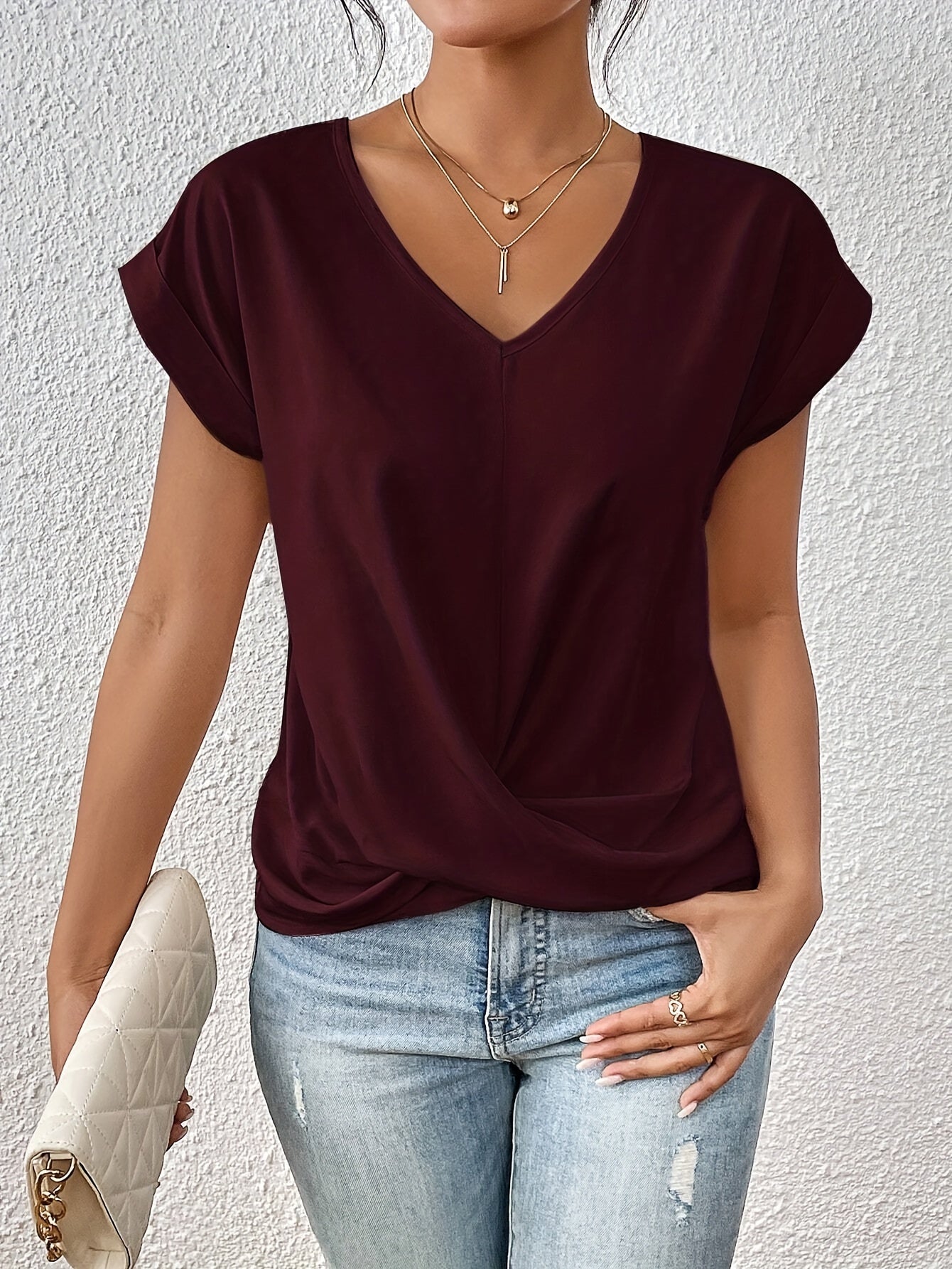 Harriet Women's V-Neck Top – Elegant Knotted Detail & Flattering Draped Fit