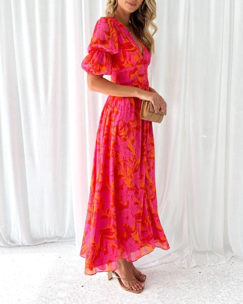 Vivienne Women's V Neck Dress – Puff Sleeve Elegant Midi Dress in Rose Pink