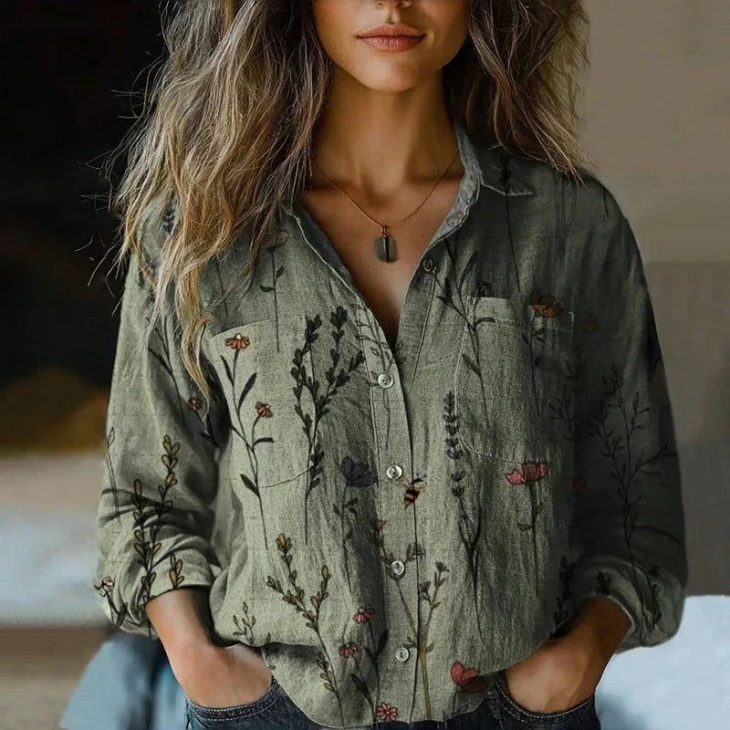 Elise Women's Vintage Blouse – Ethnic Print Button Up Long Sleeve Shirt