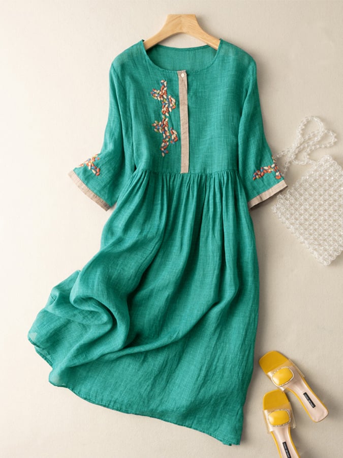 Rosalind Women's Cotton Linen Dress – Embroidered Boho Ethnic Midi Dress