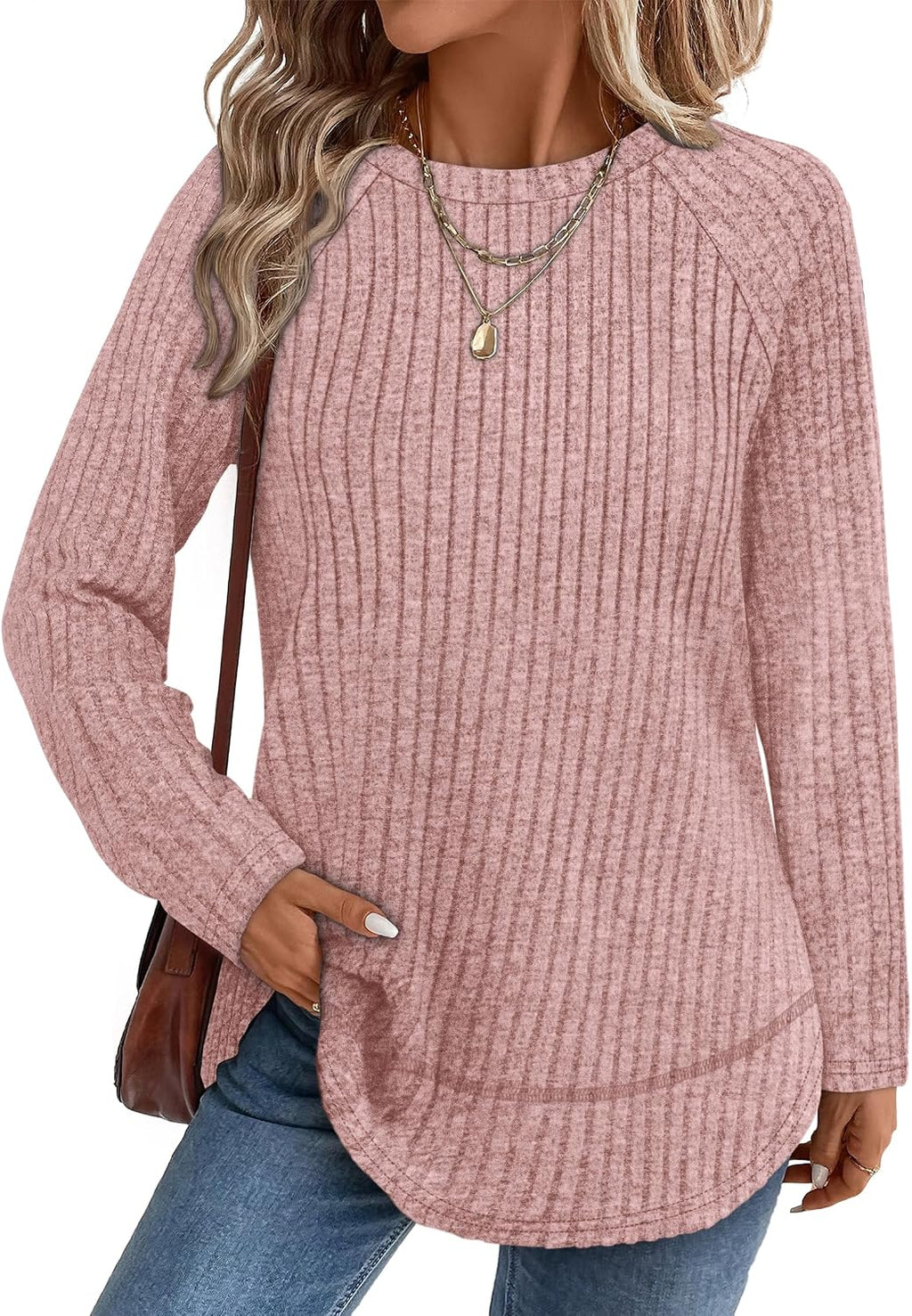 Camille Women's Tunic Top – Ribbed High-Low Hem Longline Top with Side Slits