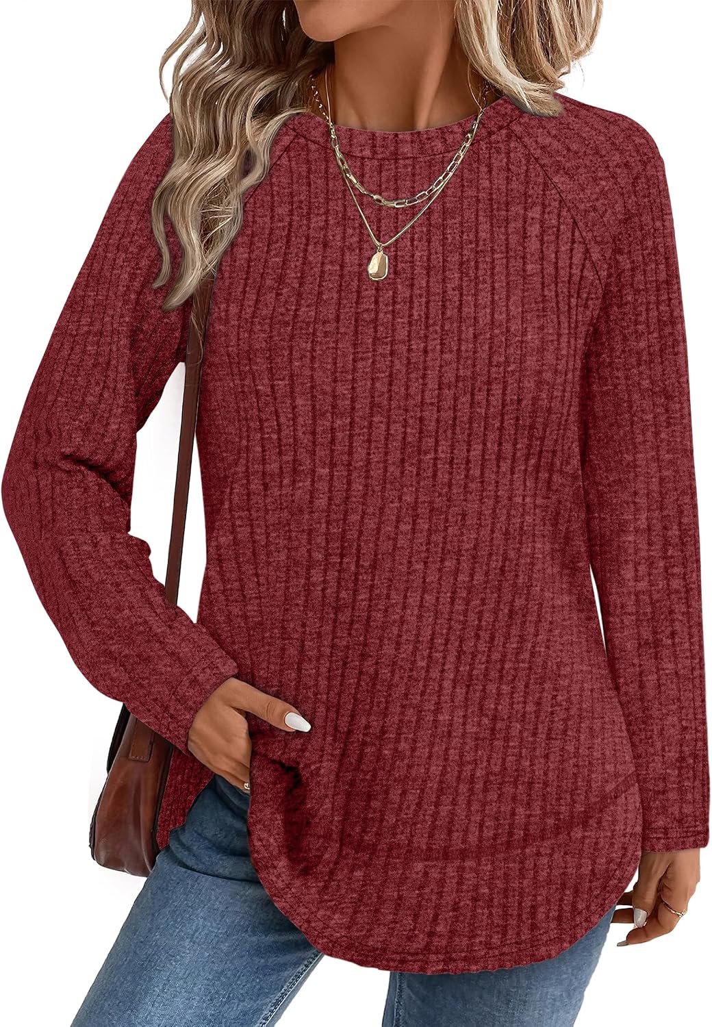 Camille Women's Tunic Top – Ribbed High-Low Hem Longline Top with Side Slits
