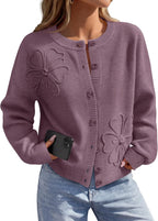 Florence Women's Floral Cardigan – 3D Flower Knit Button-Up with Lantern Sleeves