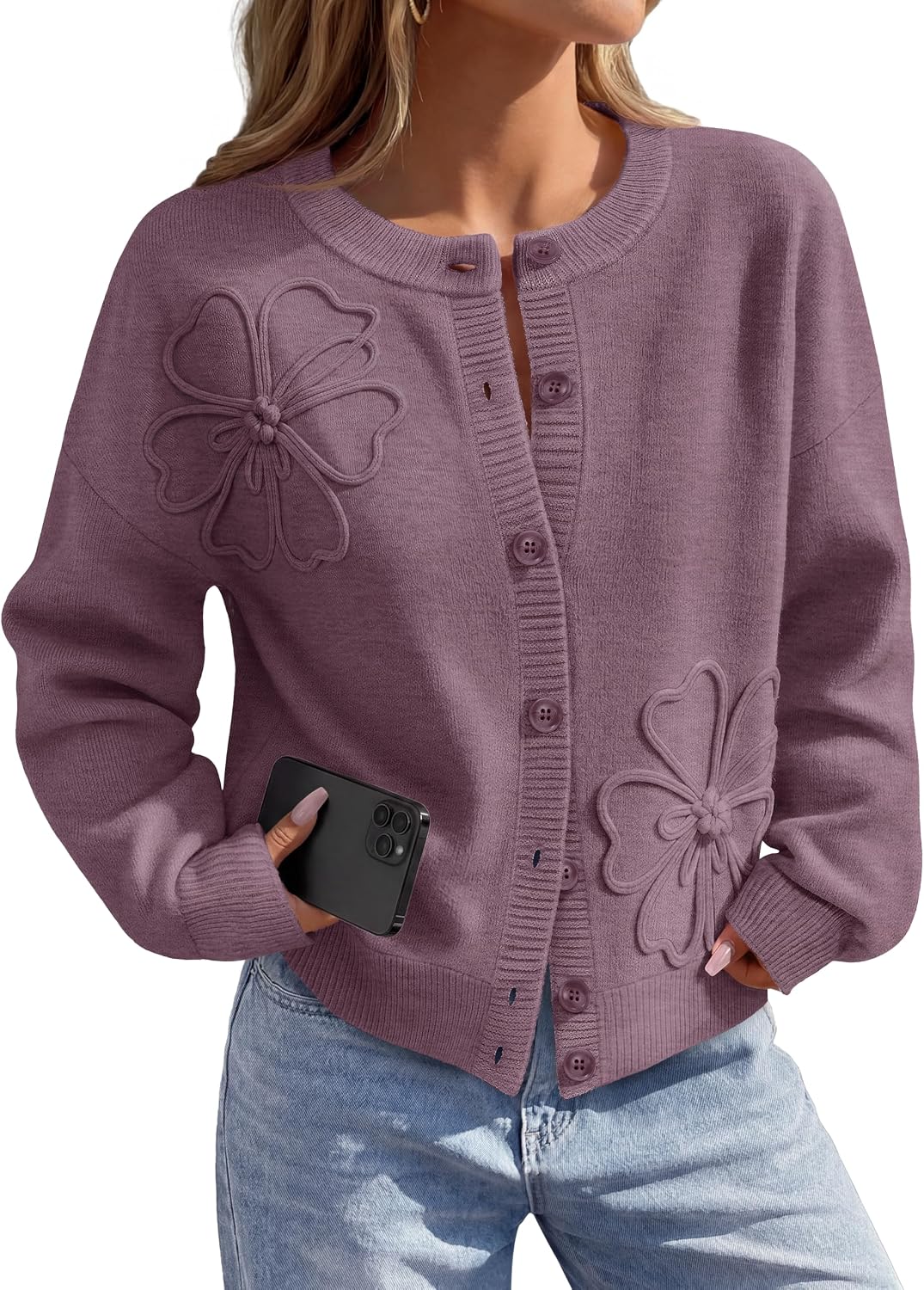 Florence Women's Floral Cardigan – 3D Flower Knit Button-Up with Lantern Sleeves
