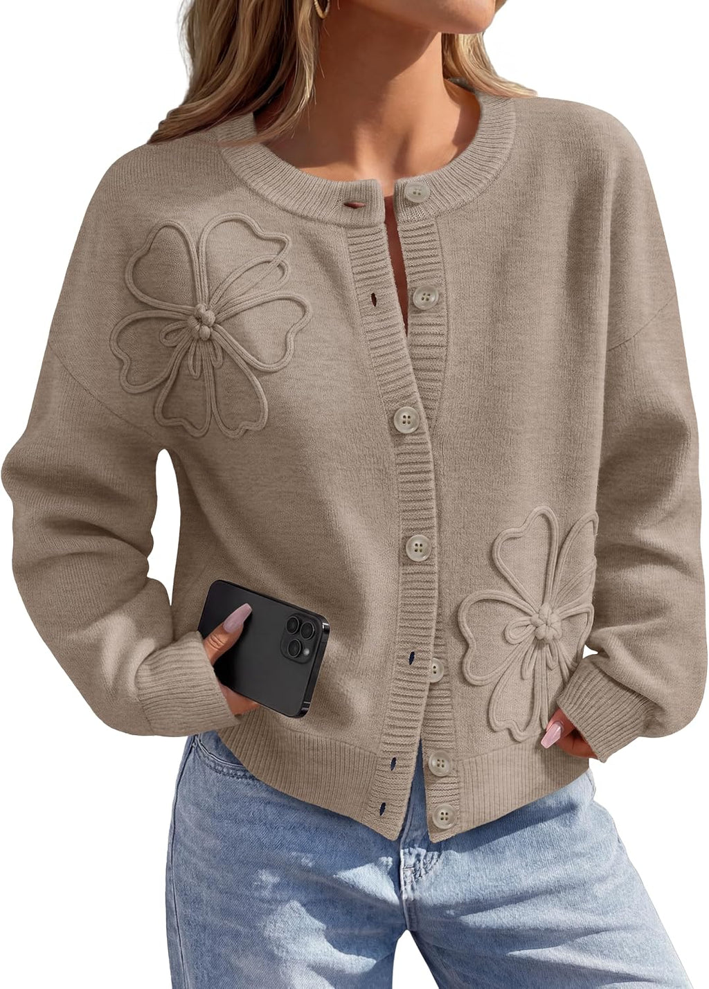 Florence Women's Floral Cardigan – 3D Flower Knit Button-Up with Lantern Sleeves