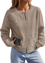 Florence Women's Floral Cardigan – 3D Flower Knit Button-Up with Lantern Sleeves