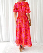 Vivienne Women's V Neck Dress – Puff Sleeve Elegant Midi Dress in Rose Pink