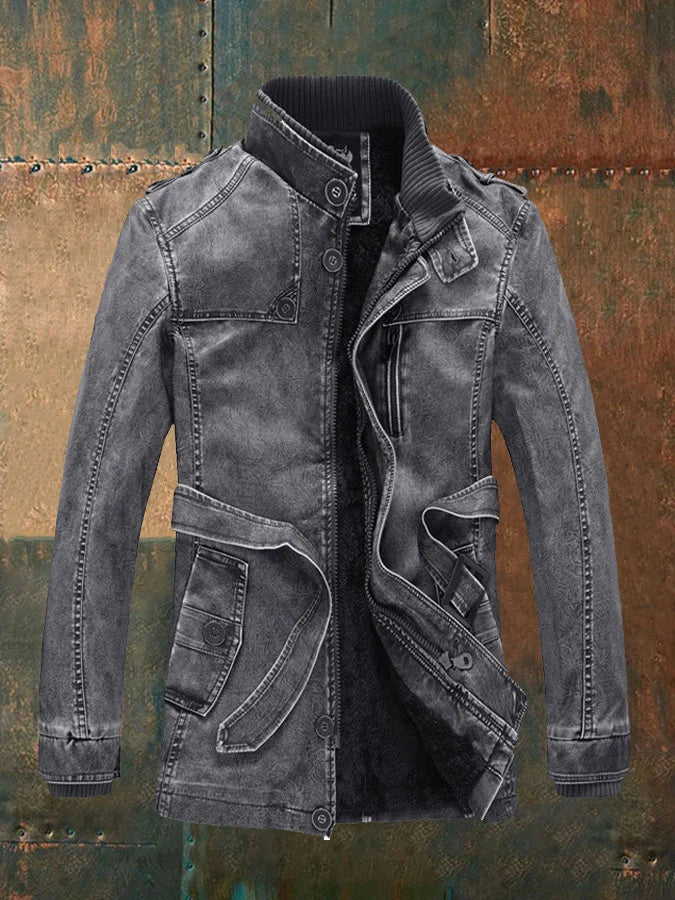 Marlowe Men's Vintage Leather Jacket – Button Detail, Zip Front & Warm Lining