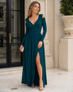 Valentina Women's Cut-Out Maxi Dress – V-Neck, Long Sleeves & Side Split