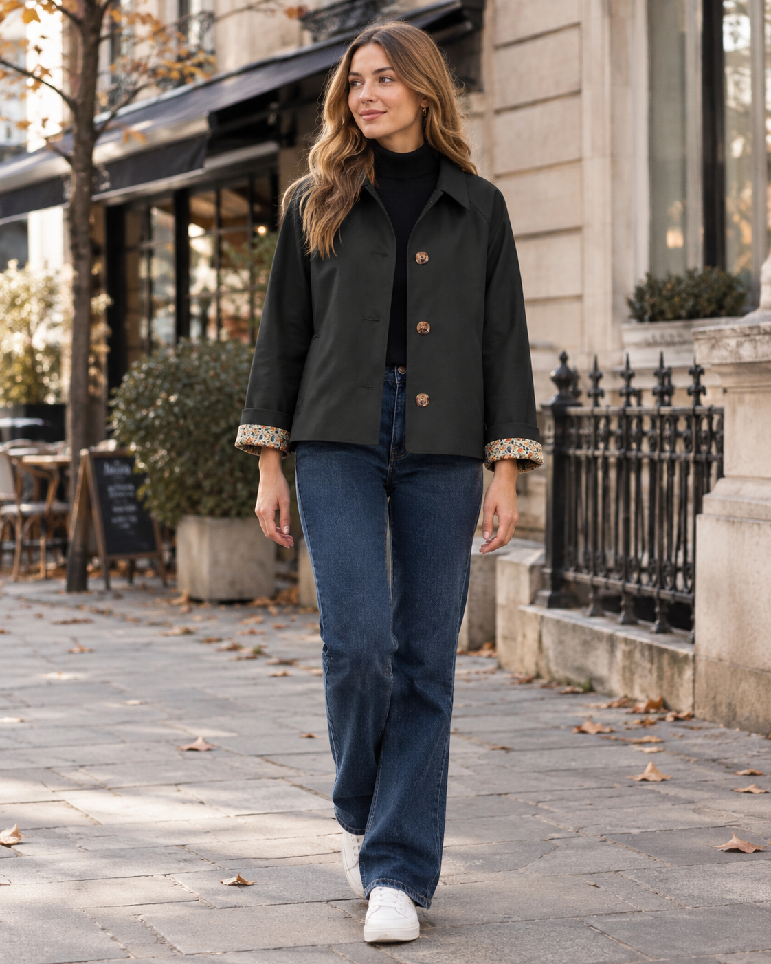 Daphne Women's Lightweight Cropped Trench Jacket with Plaid Lining and Side Pockets