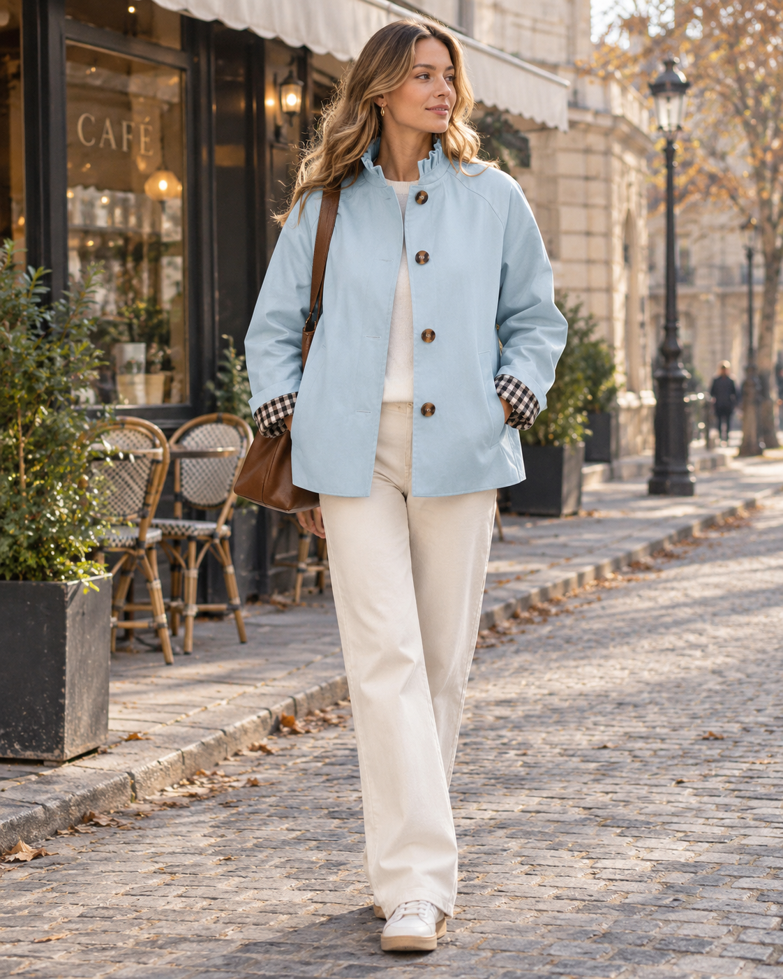 Lianne Women’s Cropped Trench Jacket with Ruffle Collar and Plaid Cuffs