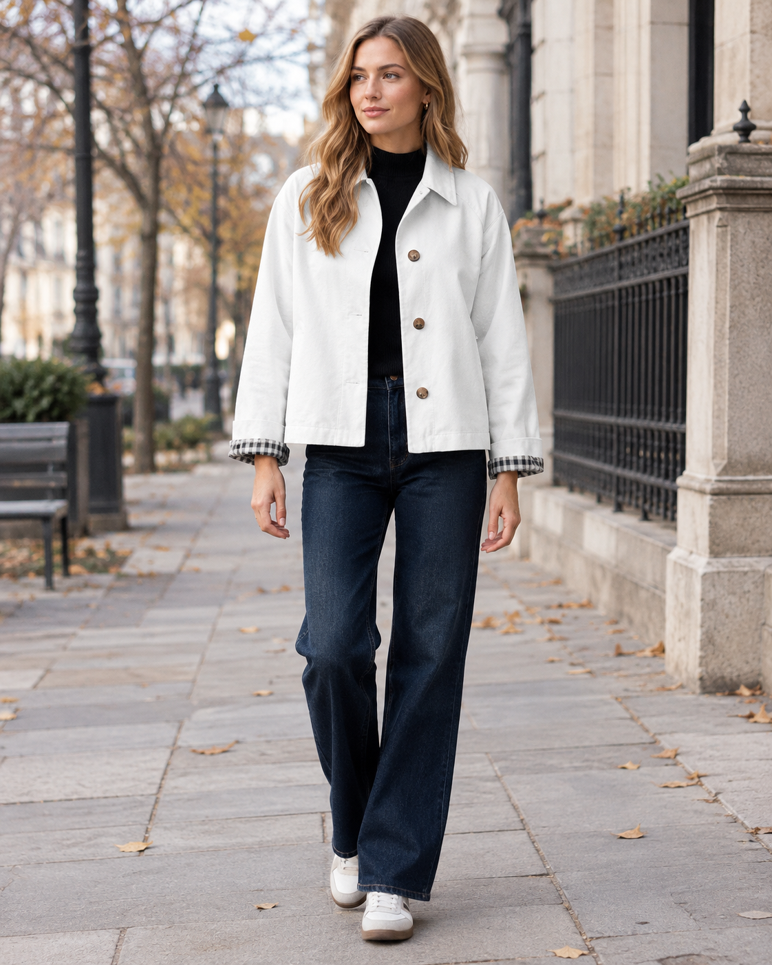 Daphne Women's Lightweight Cropped Trench Jacket with Plaid Lining and Side Pockets