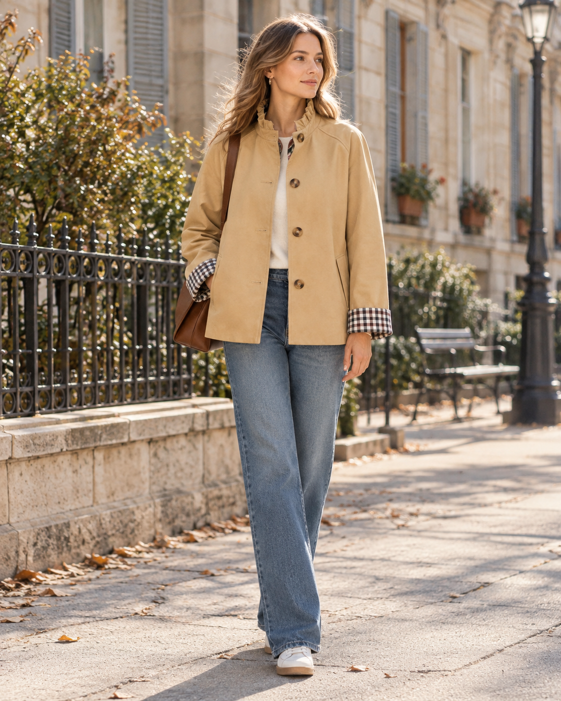 Lianne Women’s Cropped Trench Jacket with Ruffle Collar and Plaid Cuffs