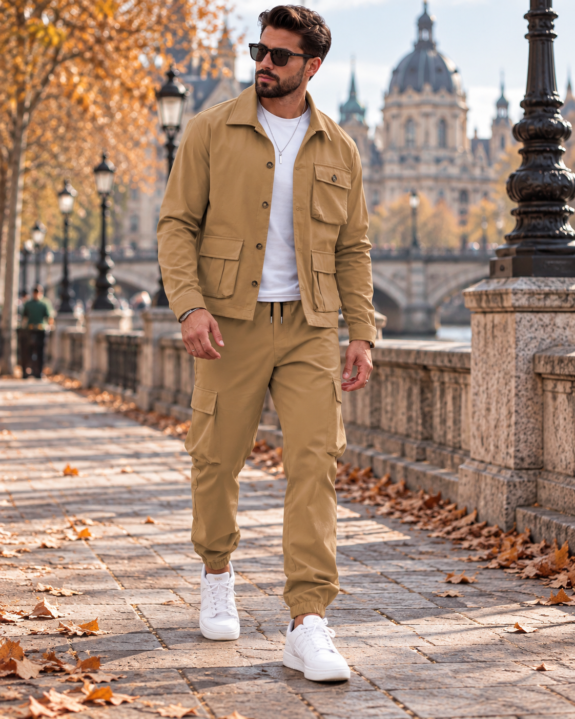 Enzo Men's Casual Cargo Jacket and Cargo Pants Two-Piece Set with Multi-Pocket Design