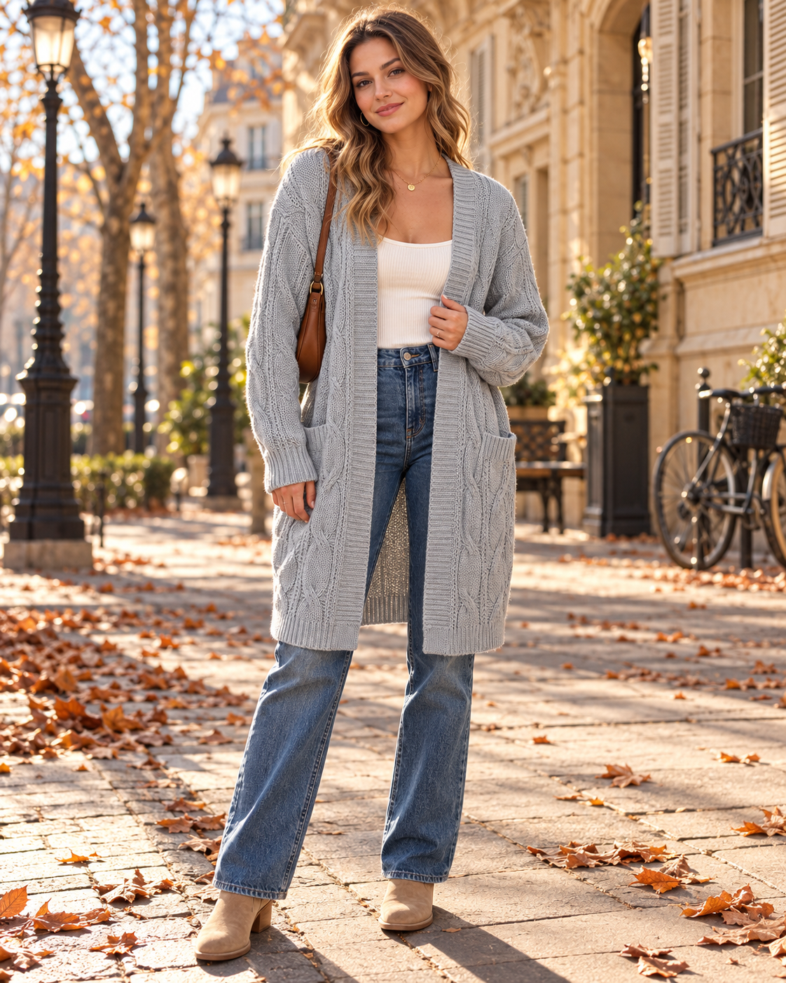 Luciana Long Open-Front Knit Cardigan – Relaxed Cable-Knit Sweater with Pockets