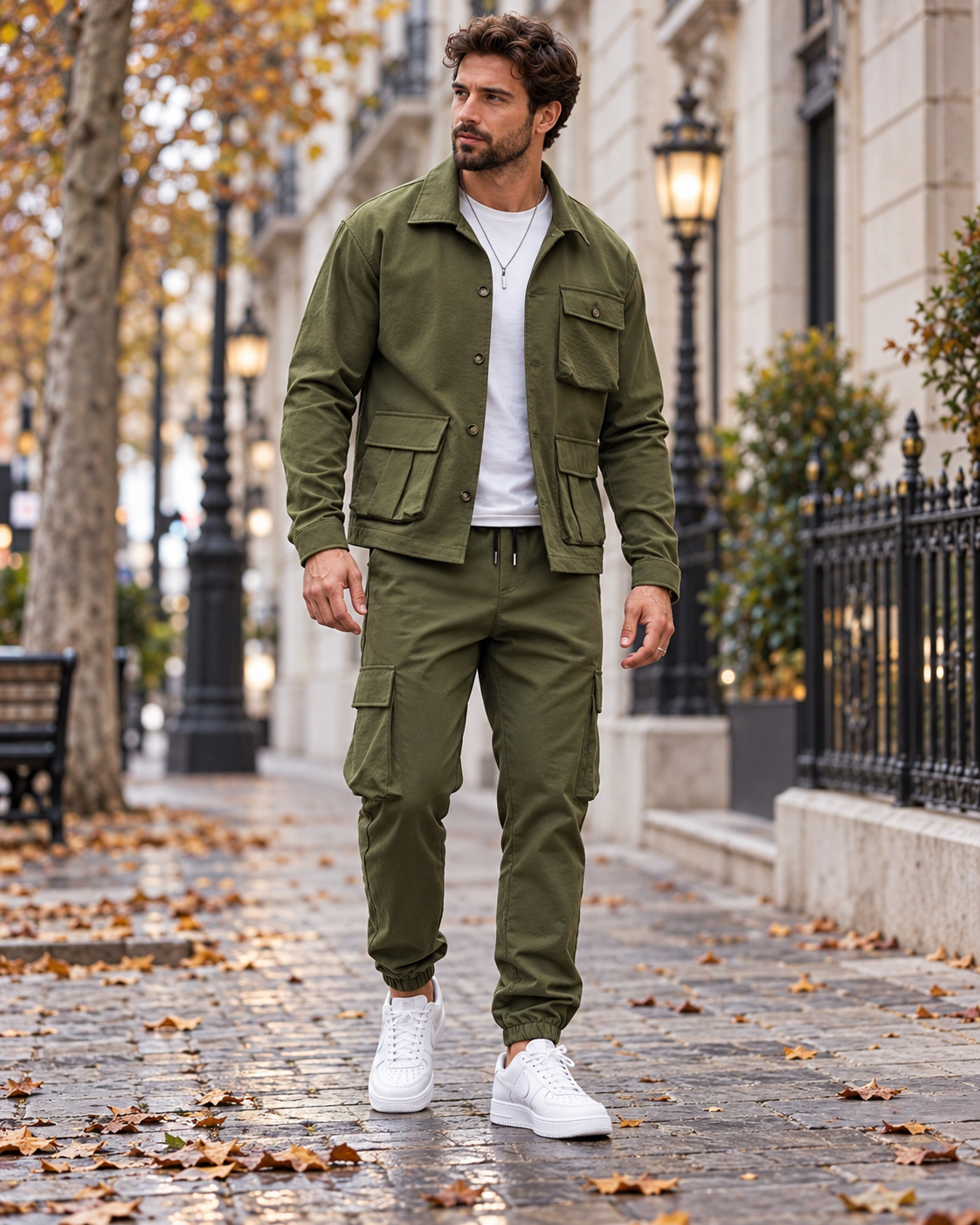 Enzo Men's Casual Cargo Jacket and Cargo Pants Two-Piece Set with Multi-Pocket Design