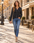 Isadora Long Sleeve Printed Henley Top – V-Neck Button Detail Casual Shirt