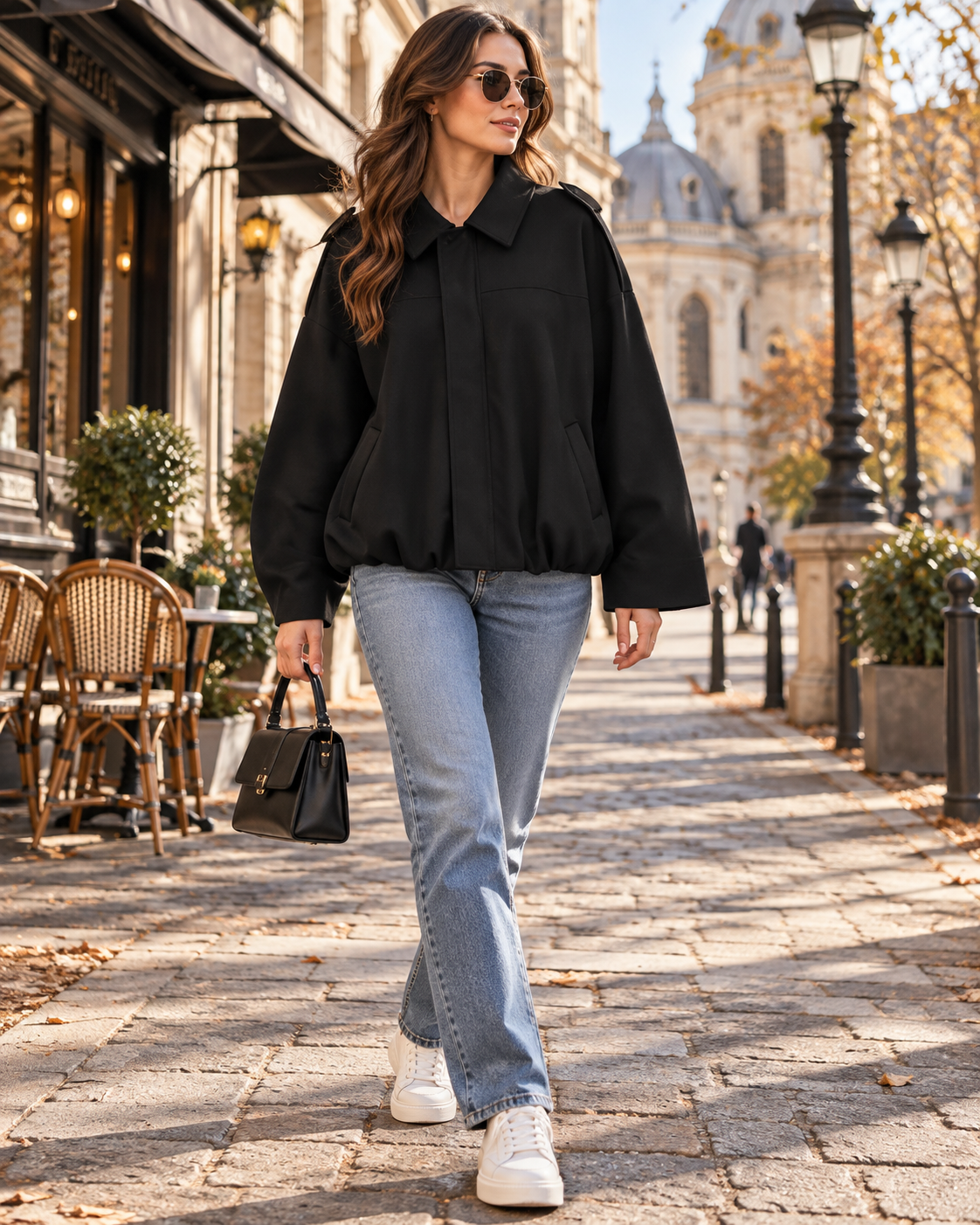 Wynona Women's Oversized Faux Suede Cropped Bomber Jacket with Batwing Sleeves