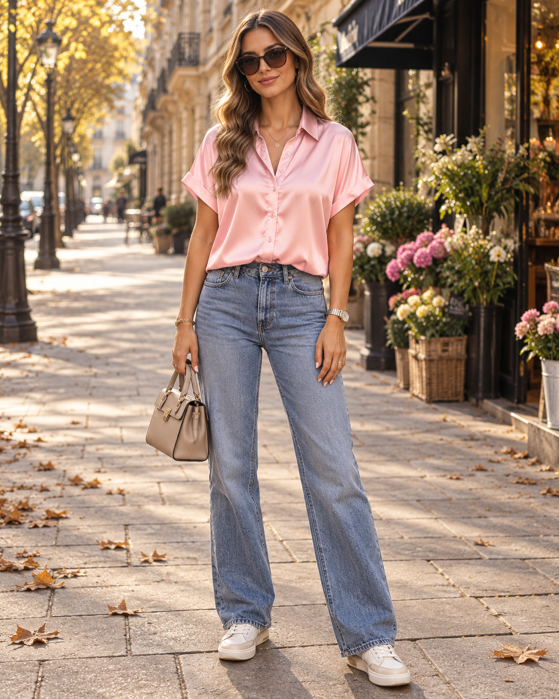 Celine Women's Satin Button-Down Blouse – Short-Sleeve Lightweight Shirt