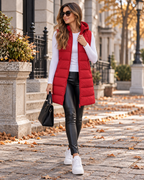 Pauline Women's Long Hooded Puffer Vest with Quilted Zip-Up Front and Side Slitsv