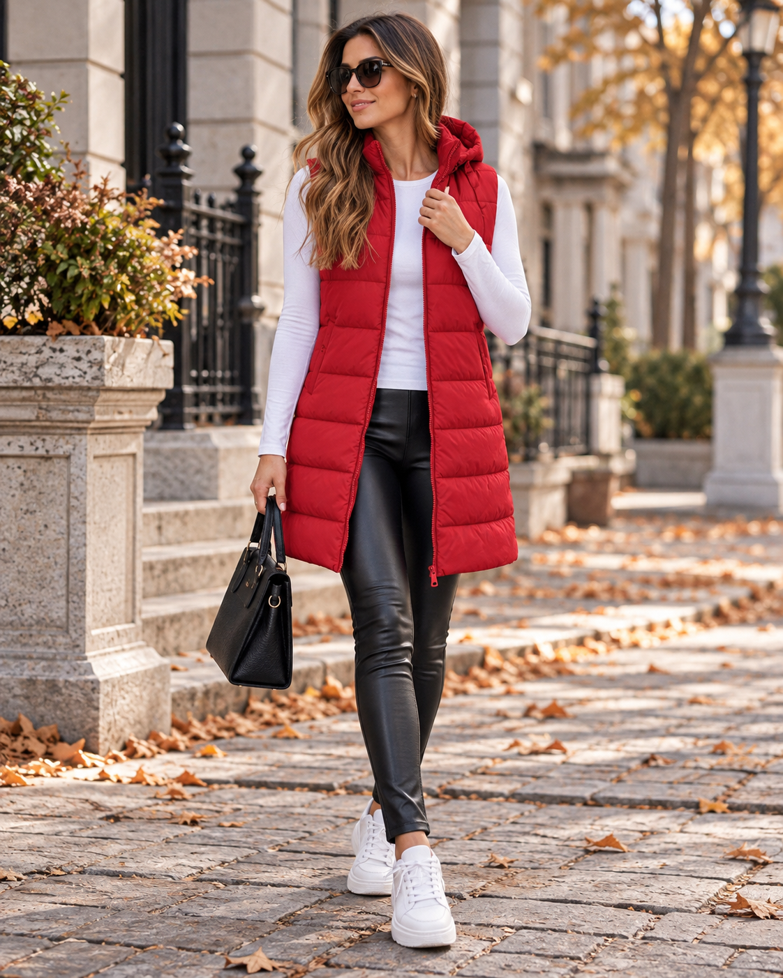 Pauline Women's Long Hooded Puffer Vest with Quilted Zip-Up Front and Side Slitsv