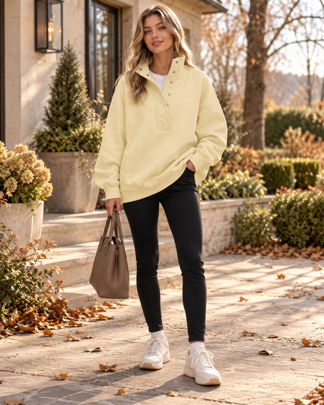 Brietta Women's Oversized Henley Sweatshirt – Snap-Collar Long-Sleeve Pullover