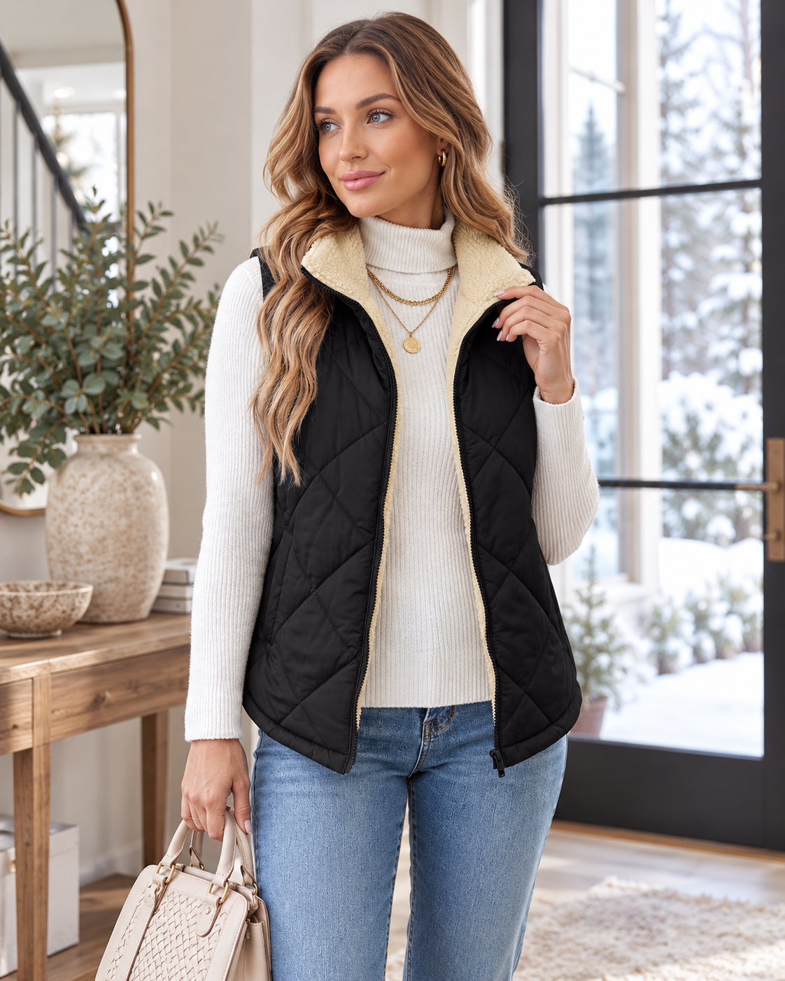 Bianca Women’s Quilted Sleeveless Vest with Sherpa Collar, Zip Front and Pockets