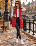 Pauline Women's Long Hooded Puffer Vest with Quilted Zip-Up Front and Side Slitsv